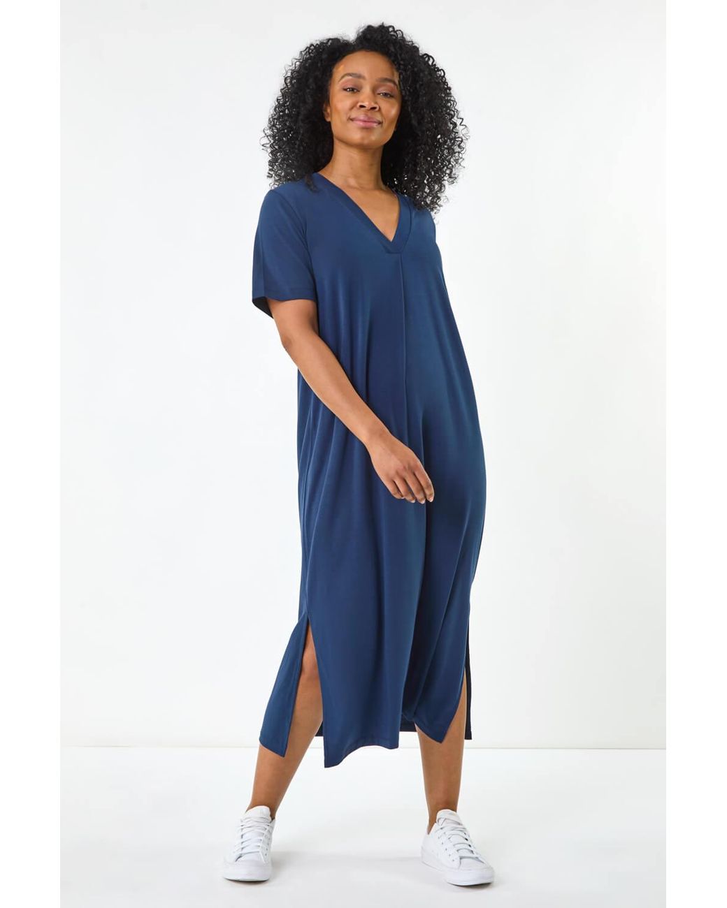 Roman Petite Blue V-Neck Stretch Midi Dress