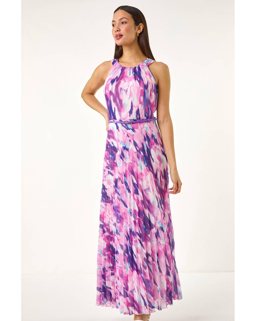 Roman Pink Blurred Print Pleated Maxi Dress