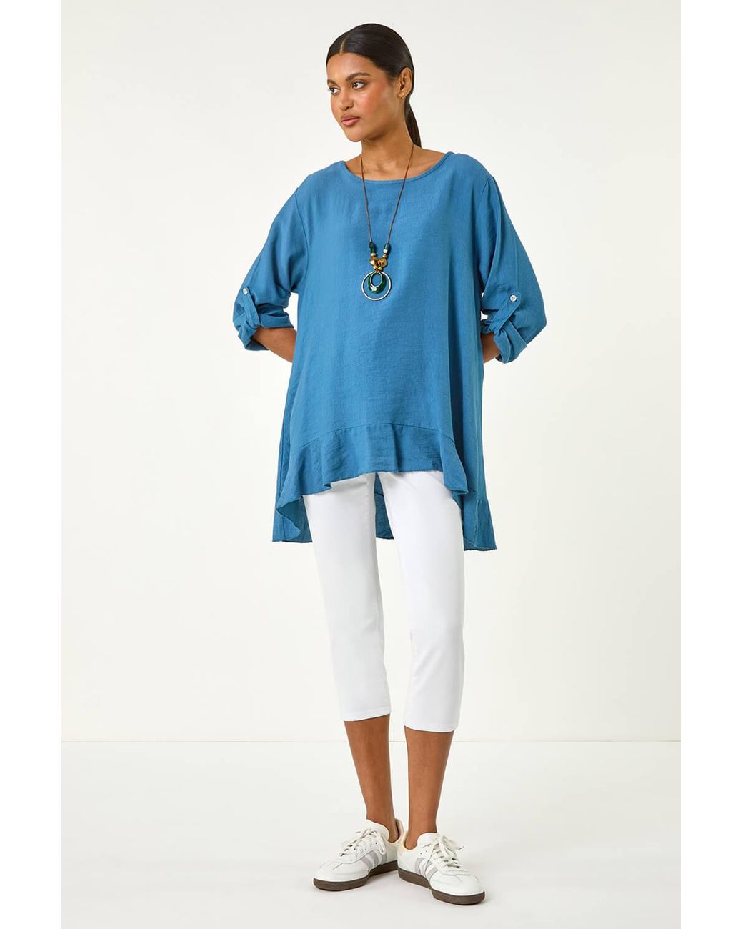 Roman Blue Necklace Frill Hem Tunic Top