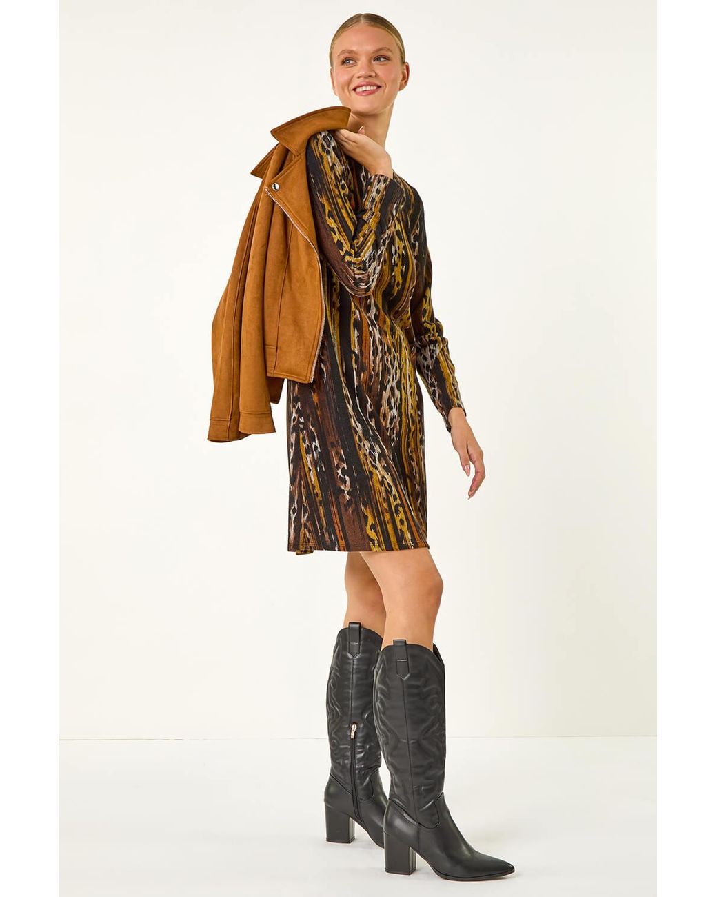 Roman Natural Animal Print Shift Midi Dress