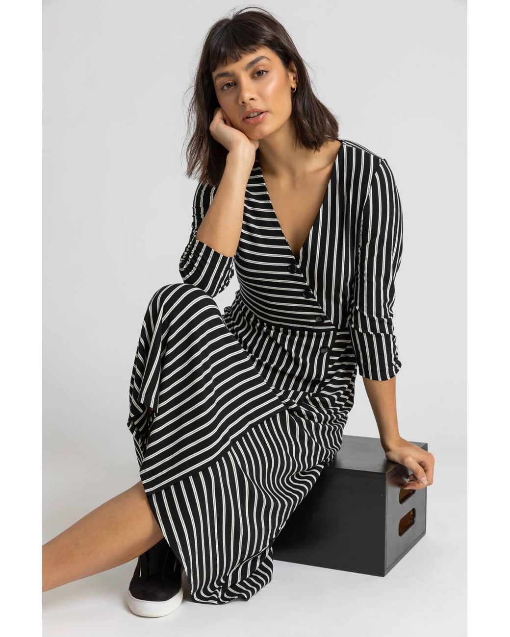 Roman Black Stripe Print Button Detail Midi Dress