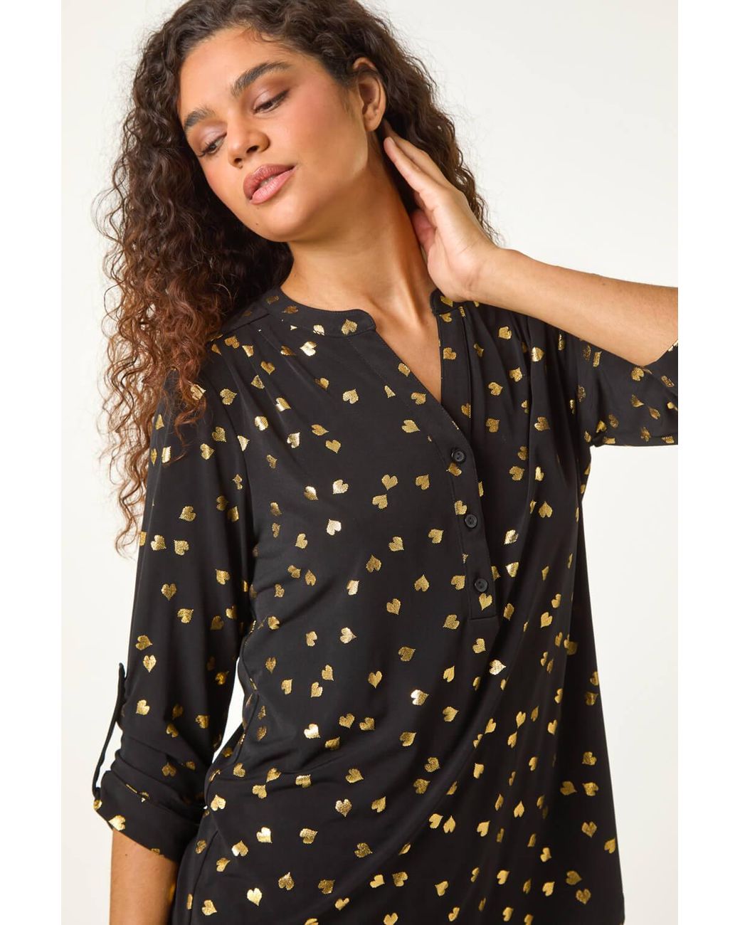 Roman Black Foil Heart Placket Stretch Top
