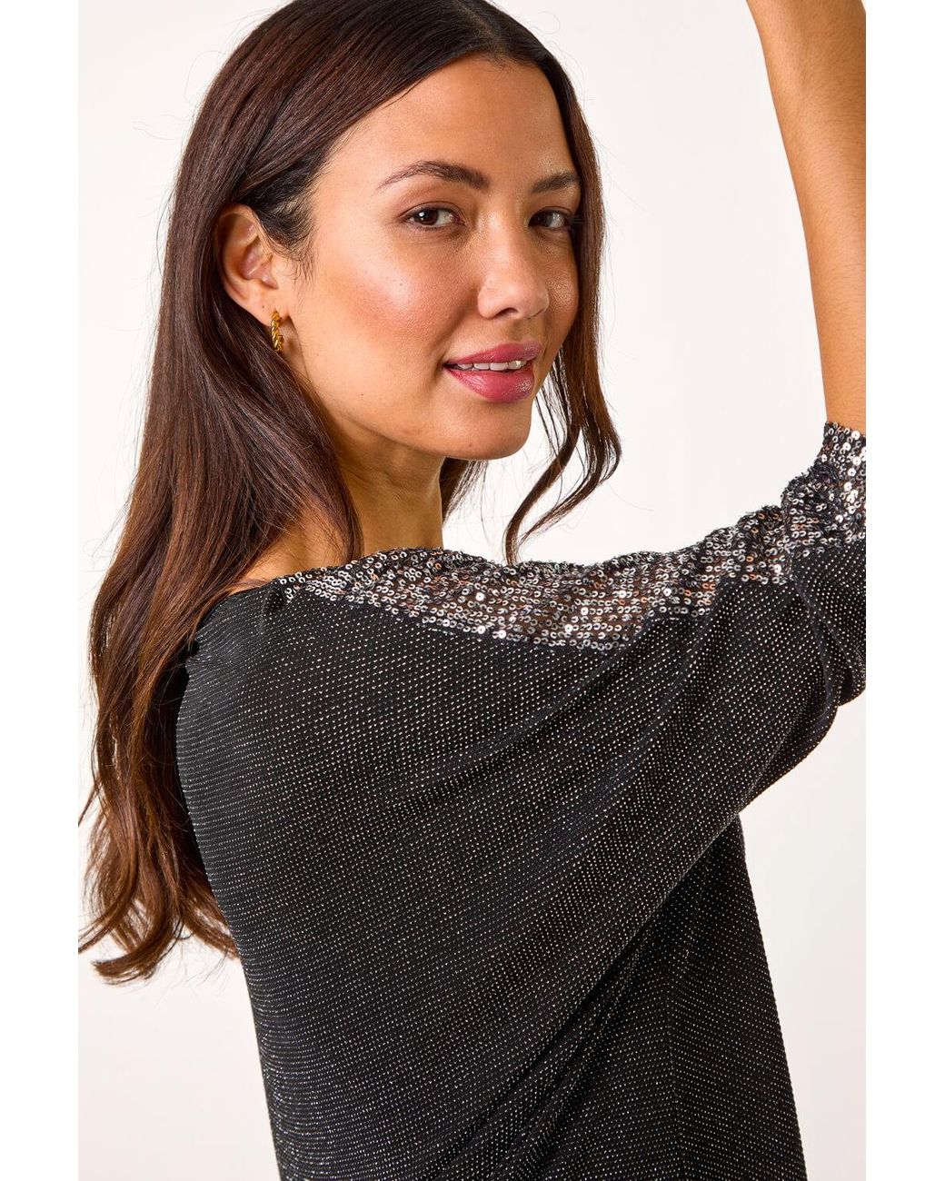 Roman Black Sequin Detail Stretch Tunic Top
