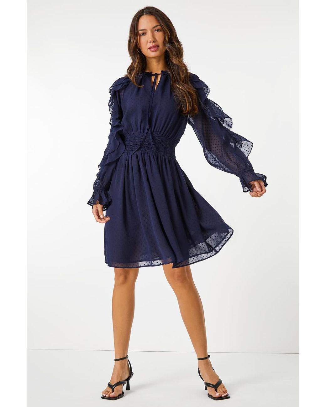 D.u.s.k Blue Chiffon Spot Print Frill Dress
