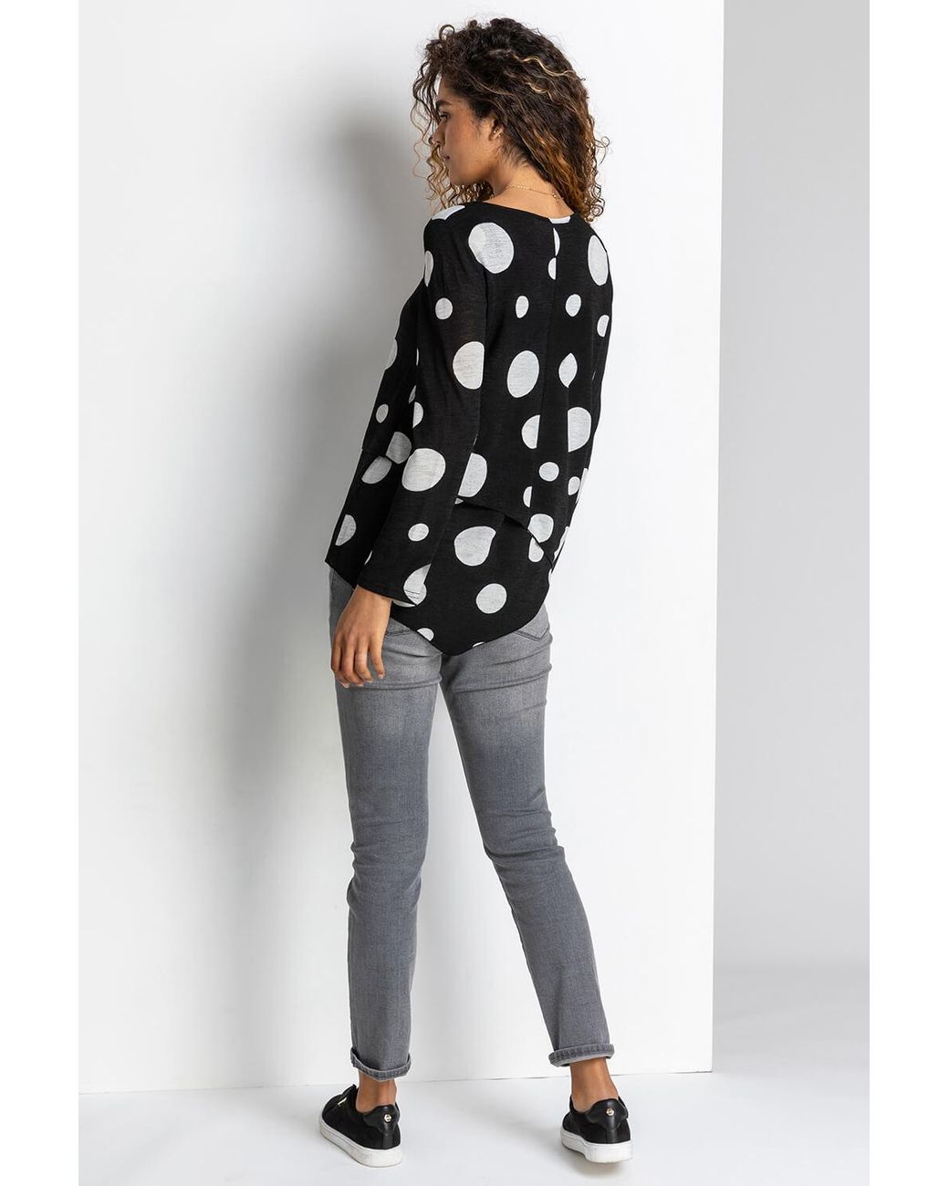 Roman Black Spot Print Layered Asymmetric Tunic Top