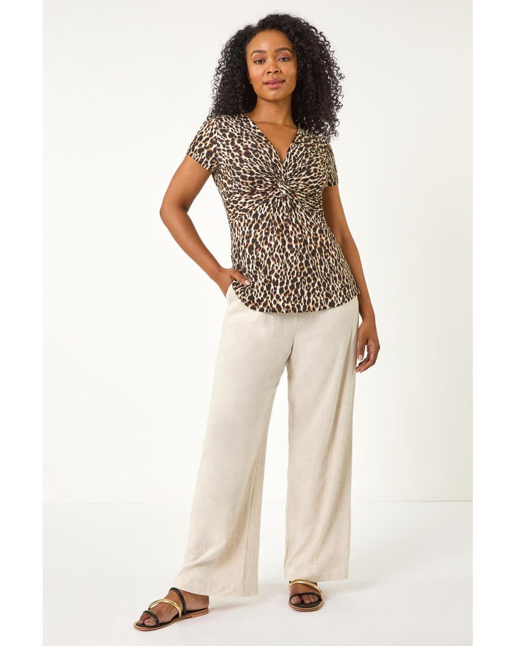Roman Petite Black Animal Print Knot Stretch Top