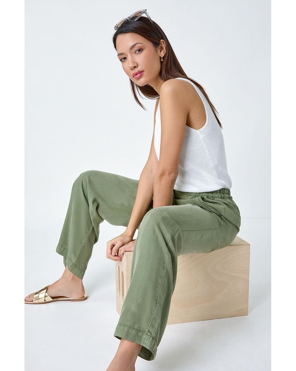 Roman Green Tie Waist Wide Leg Trousers
