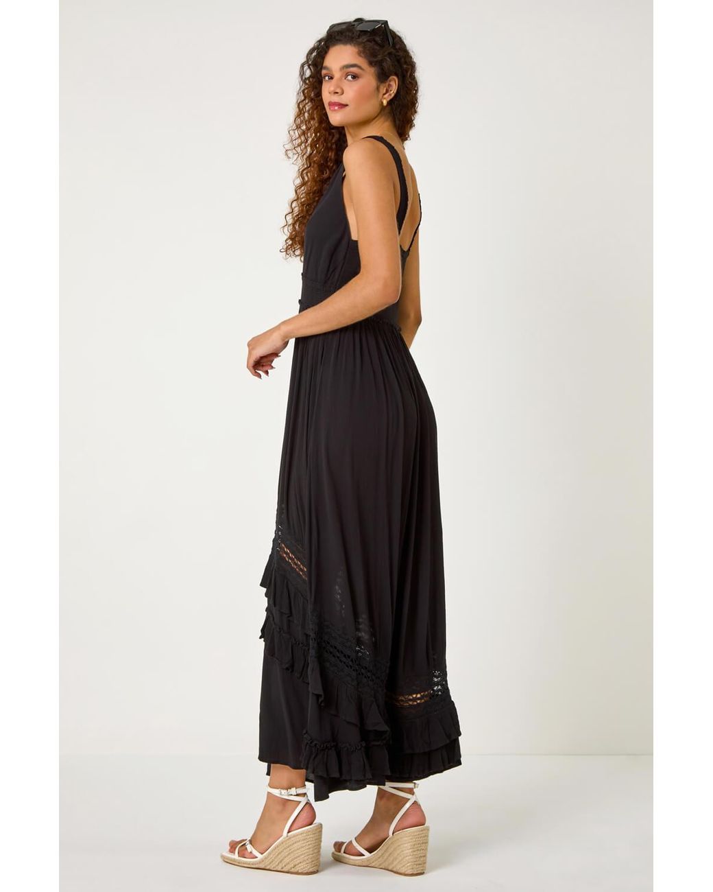 Roman White Lace Detail Shirred Frill Maxi Dress