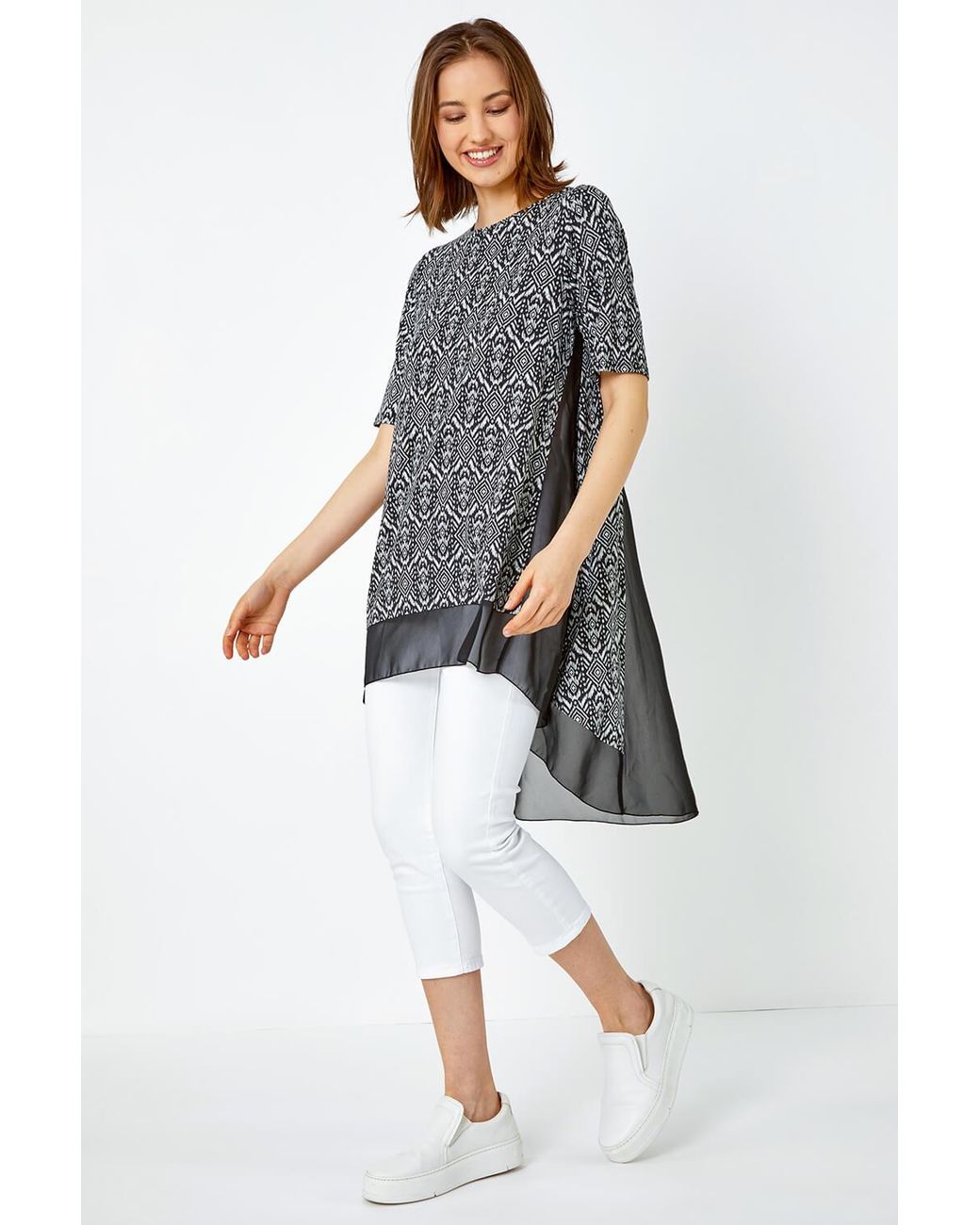 Roman White Aztec Chiffon Hem Stretch Tunic Top