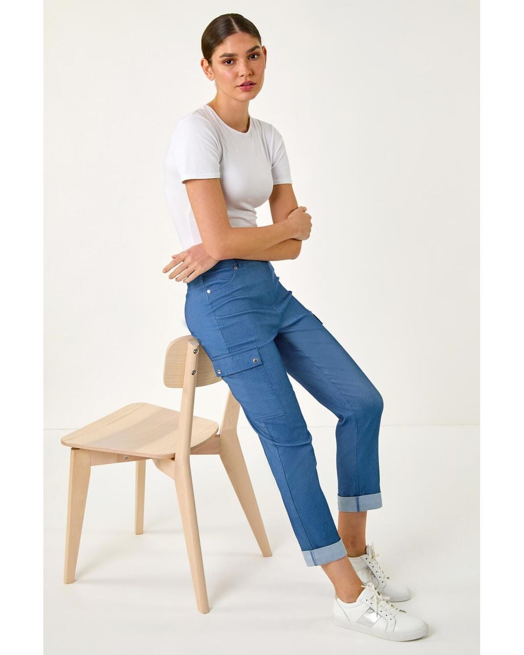 Roman Blue Turn Up Stretch Cargo Trousers