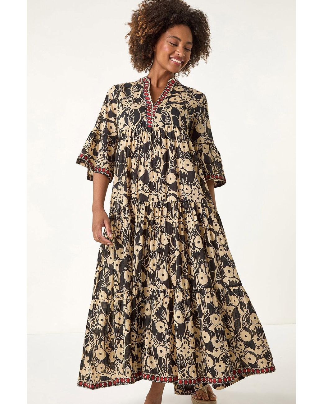 Roman White Floral Print Border Maxi Dress