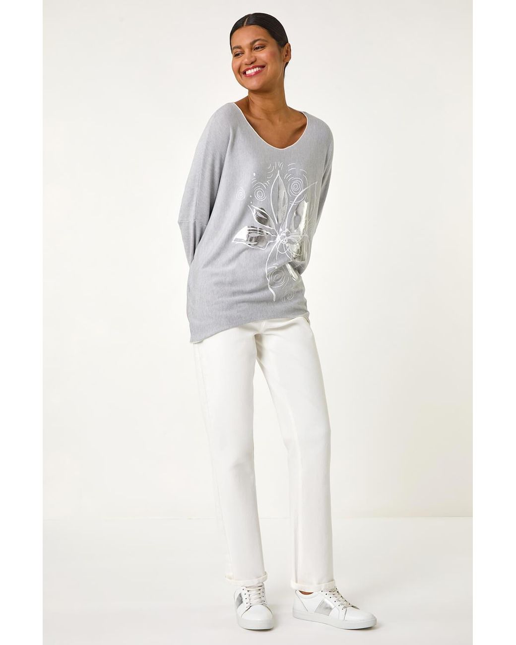 Roman Gray Foil Flower Print Tunic Top
