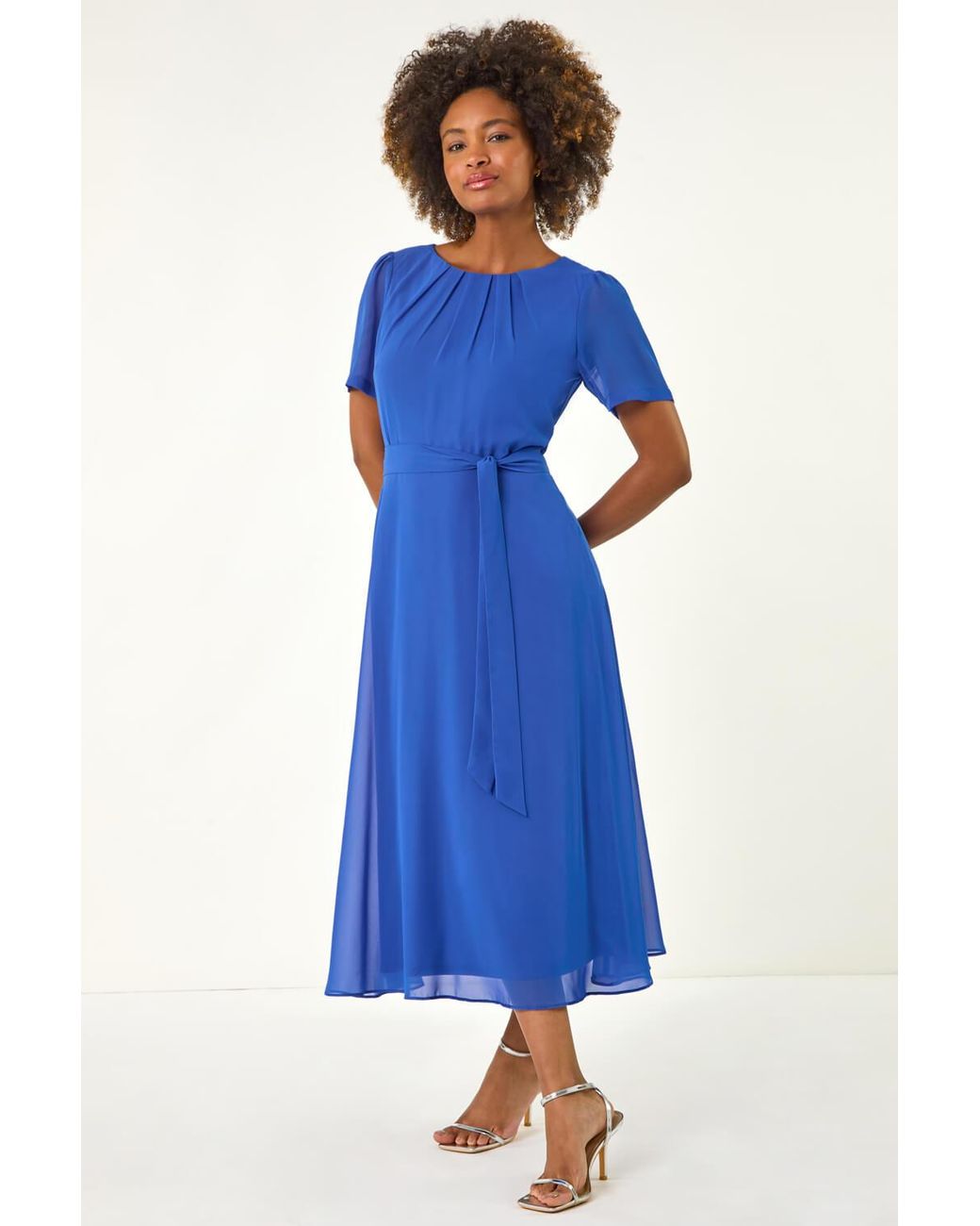 Roman Blue Pleat Chiffon Belted Midi Dress