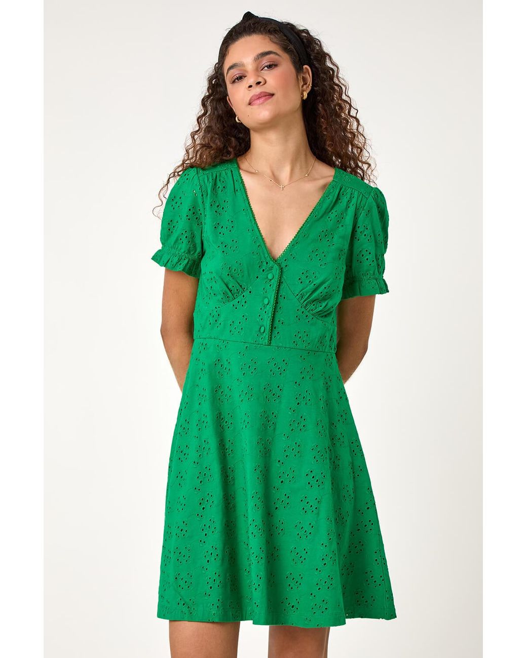 Roman Green Broderie Cotton Stretch Jersey Frill Dress