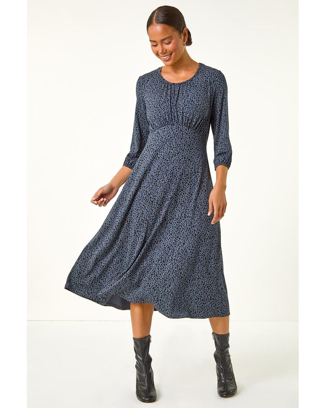 Roman Petite Blue Spot Print Ruched Midi Dress