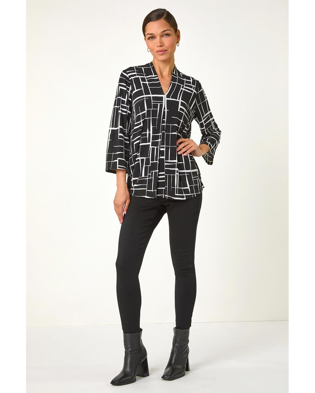 Roman Black Linear Print V-Neck Pleat Front Top