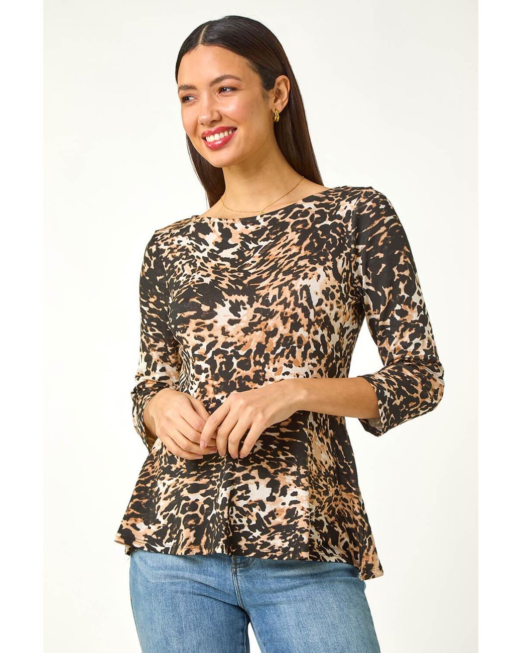 Roman Natural Animal Print Peplum Stretch Top