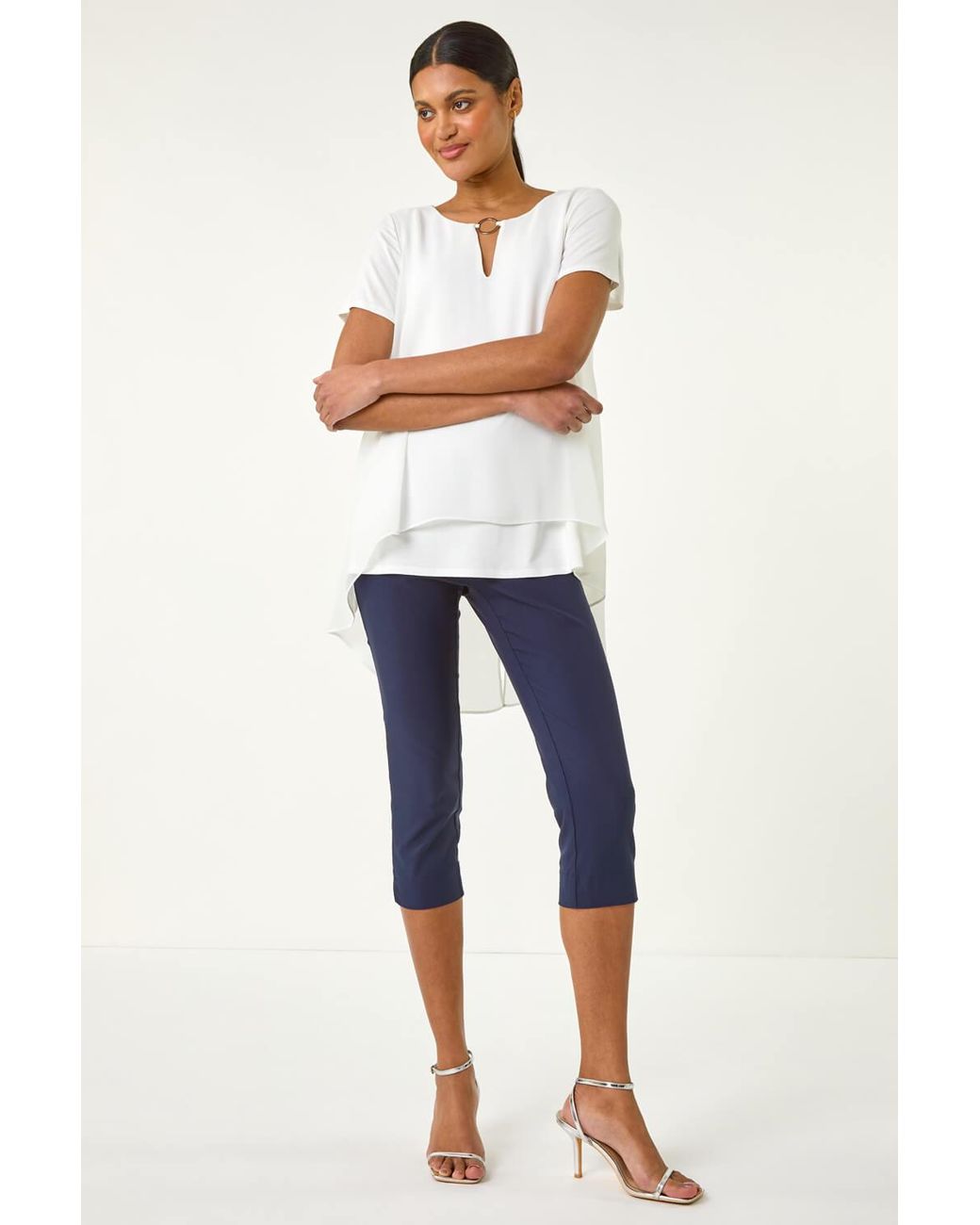 Roman White Ring Front Chiffon Overlay Top
