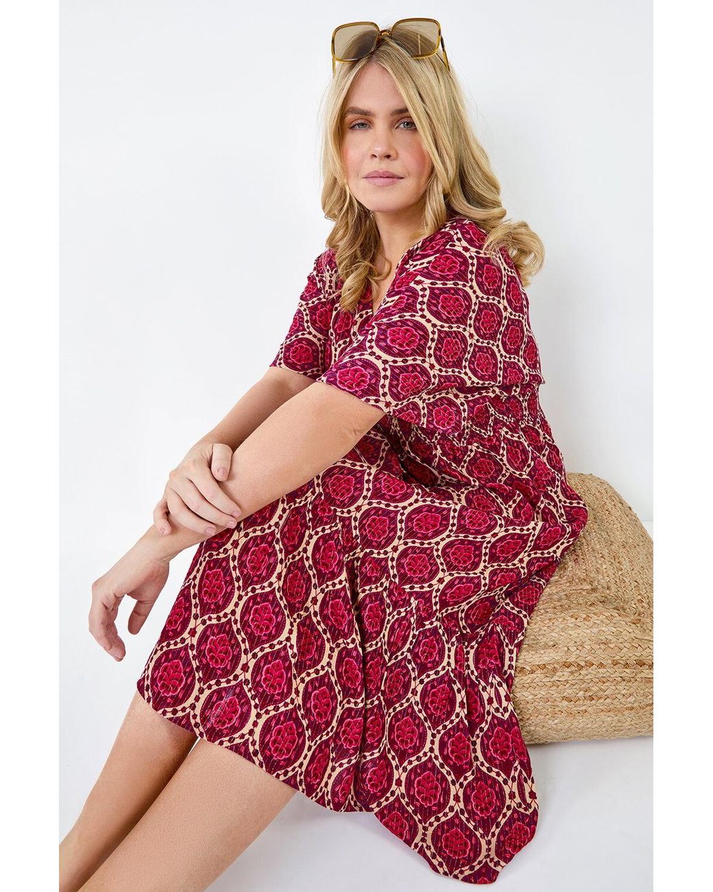 Roman Curve Geo Shimmer Stripe Shirred Midi Dress