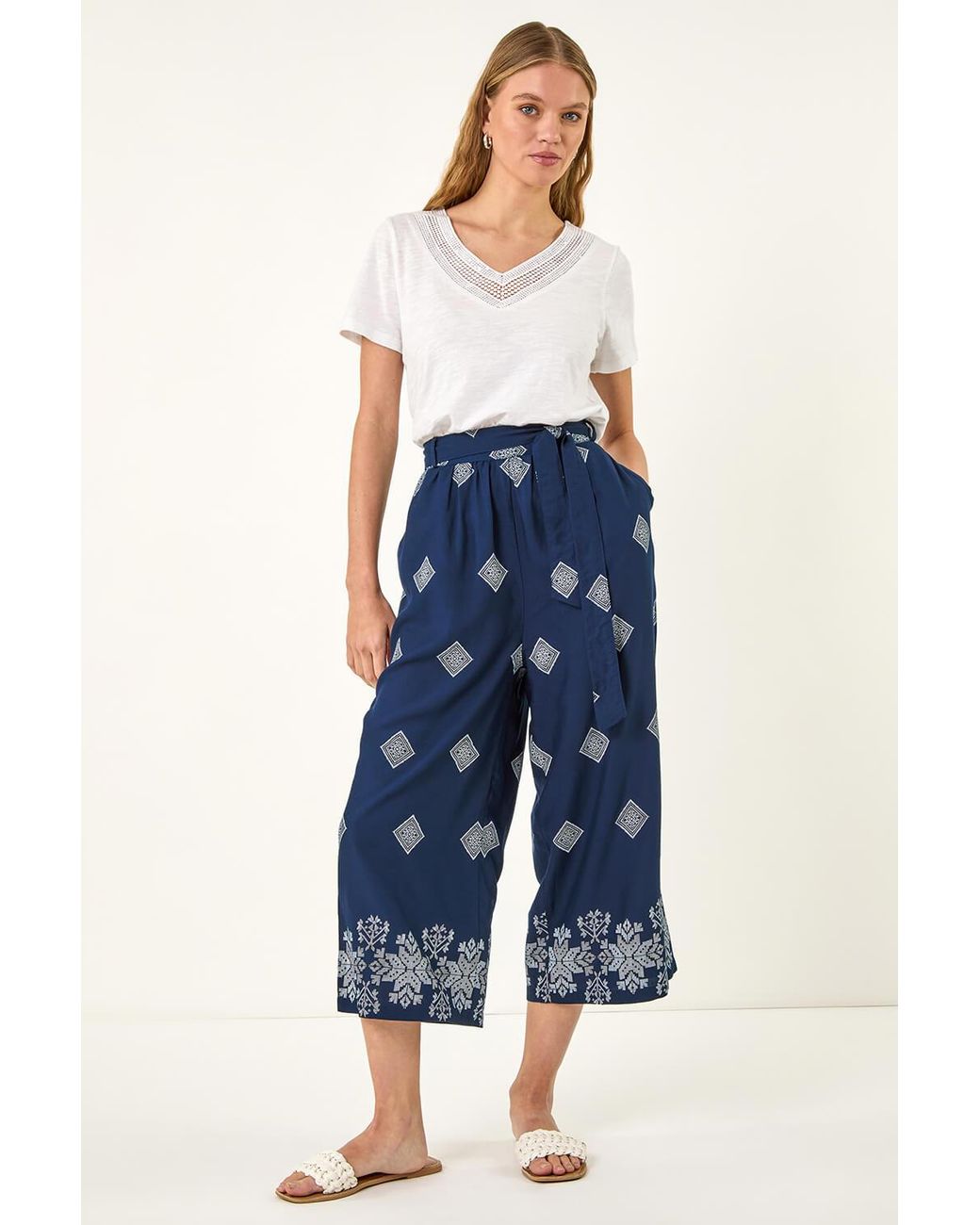 Roman Blue Border Print Belted Trouser