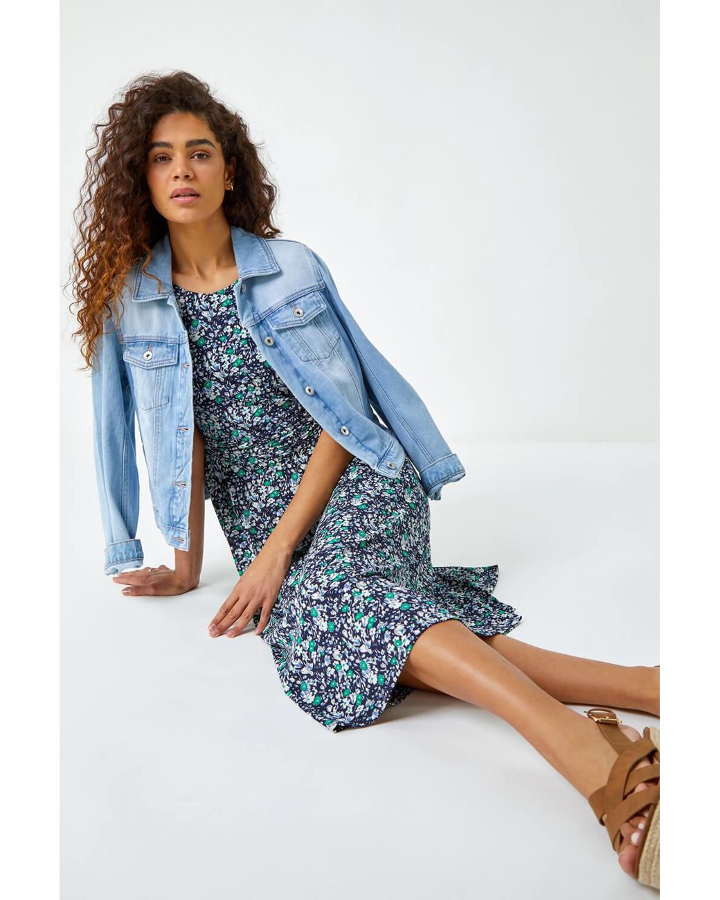 Roman Blue Floral Ruched Waist Pleated Dress