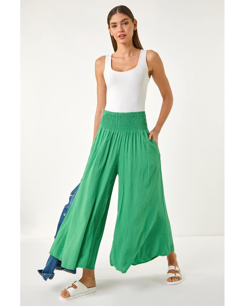 Roman Green Fine Stripe Wide Culotte Trouser