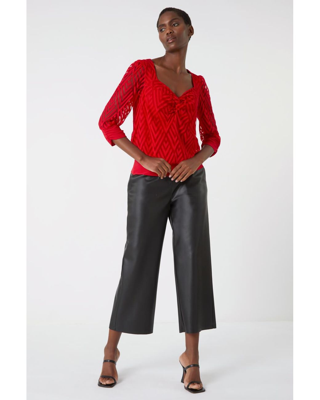 Roman Red Chevron Twist Front Blouson Stretch Top