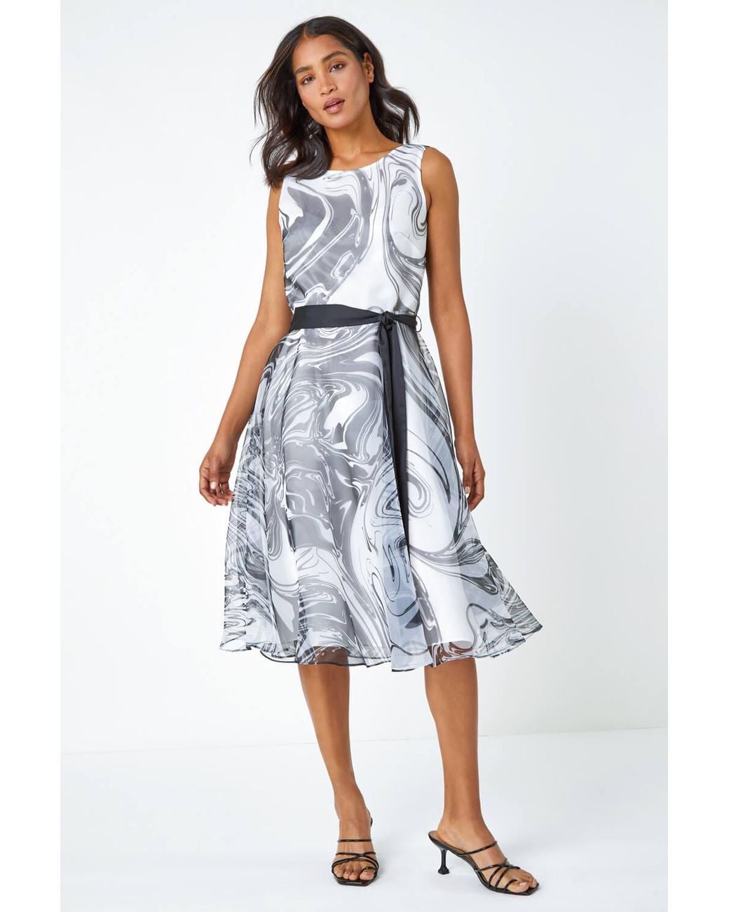 Roman White Sleeveless Marble Print Dress