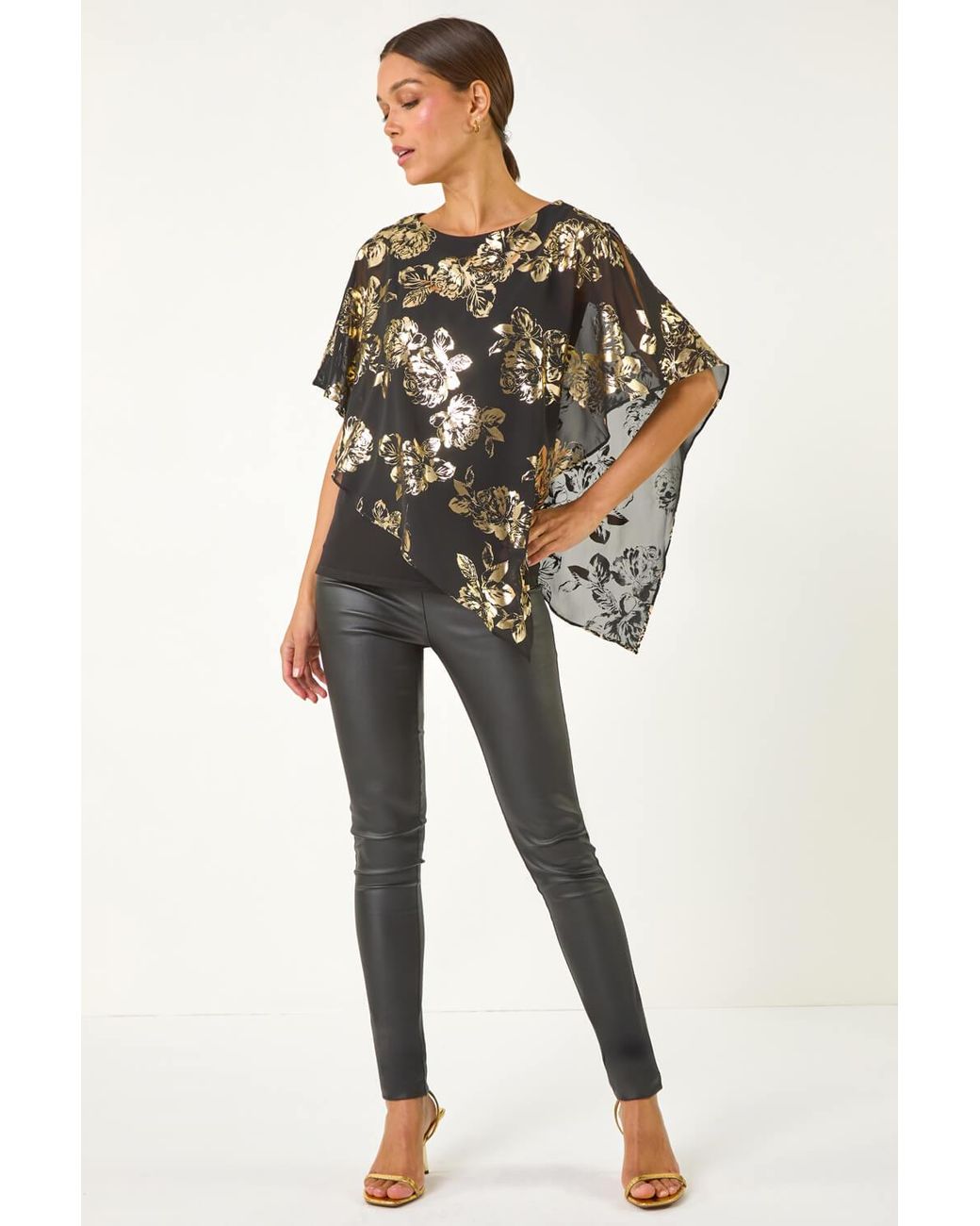 Roman Gray Floral Foil Asymmetric Overlay Top