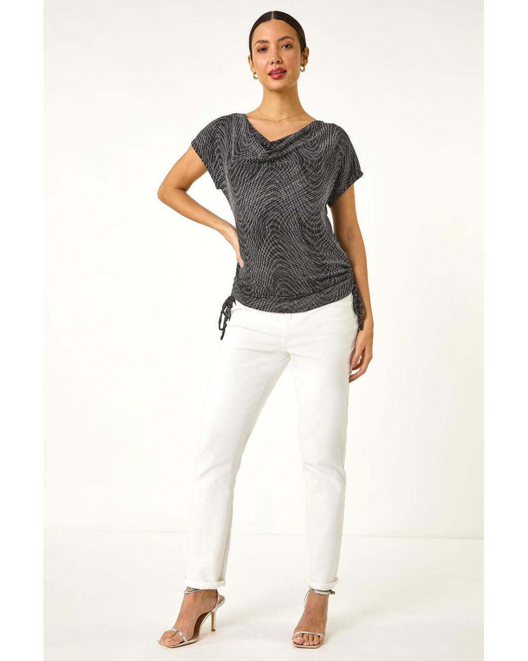 Roman Black Glitter Print Cowl Neck Stretch Top