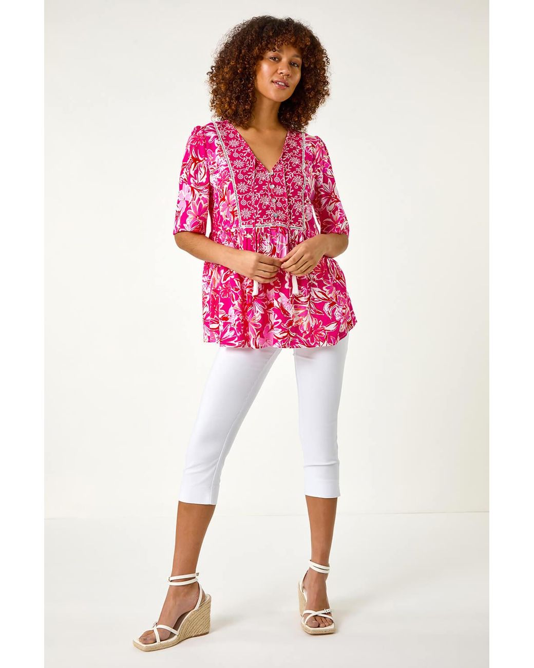 Roman Pink Abstract Floral Print Tassel Top