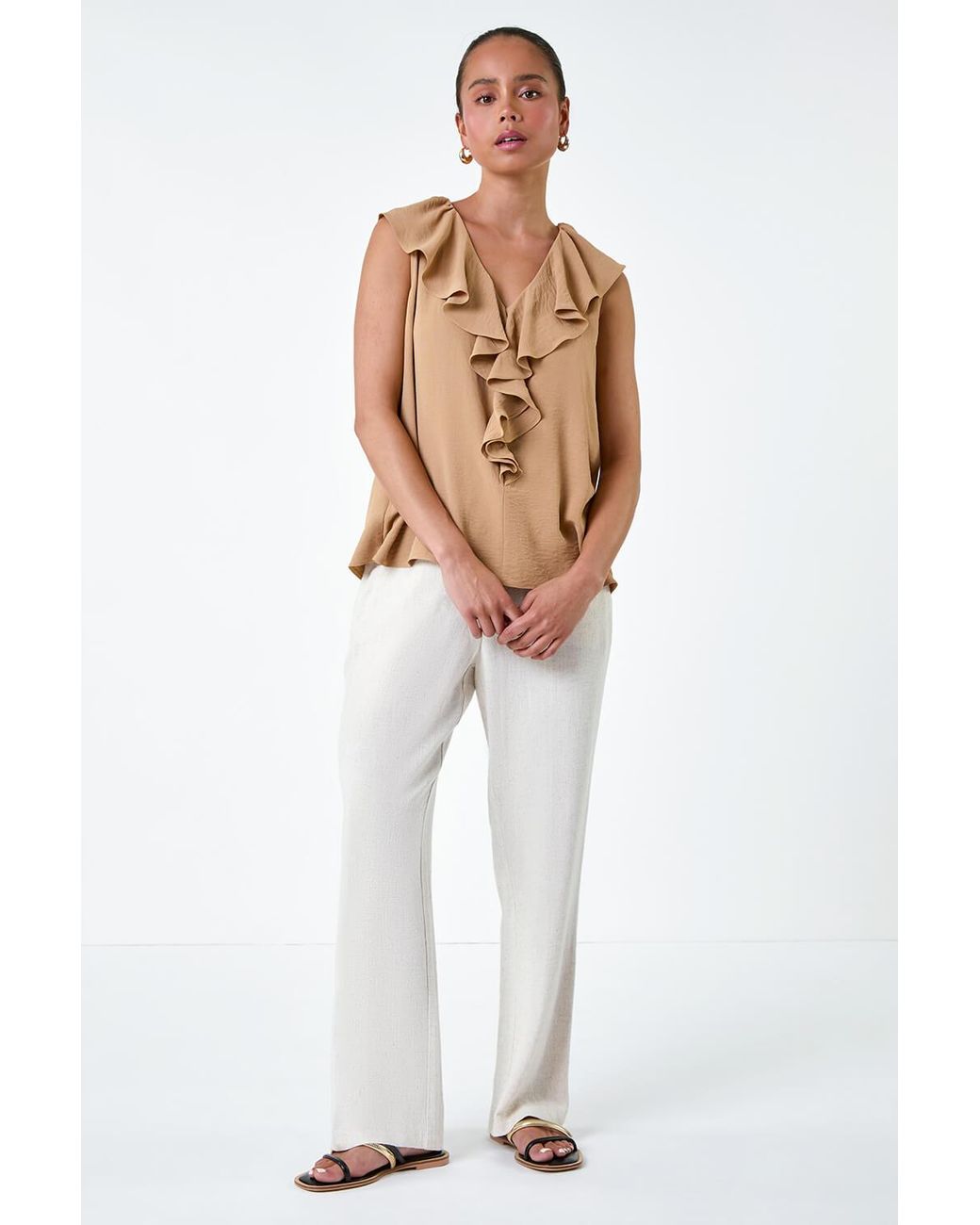 Roman Petite Brown Frill Front Vest Top