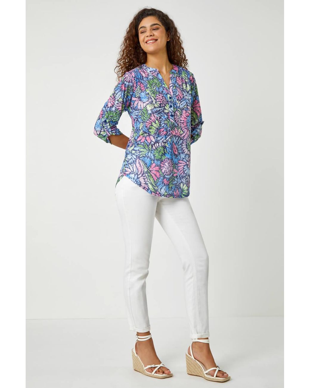 Roman Blue Textured Floral Print Stretch Tunic Shirt