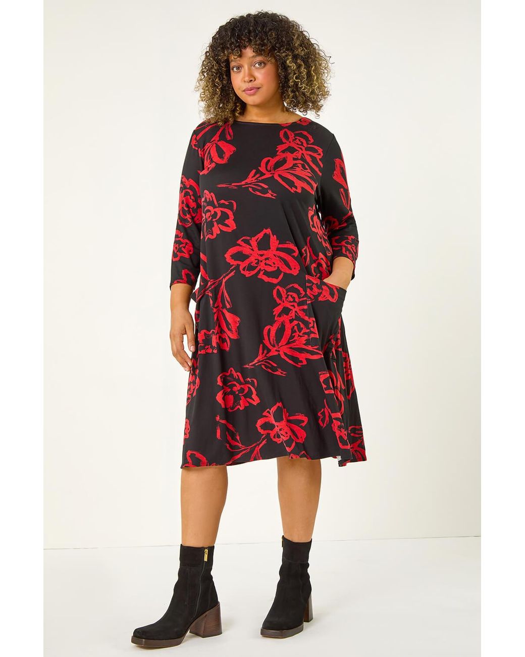 Roman Curve Red Floral Print Pocket Swing Dress