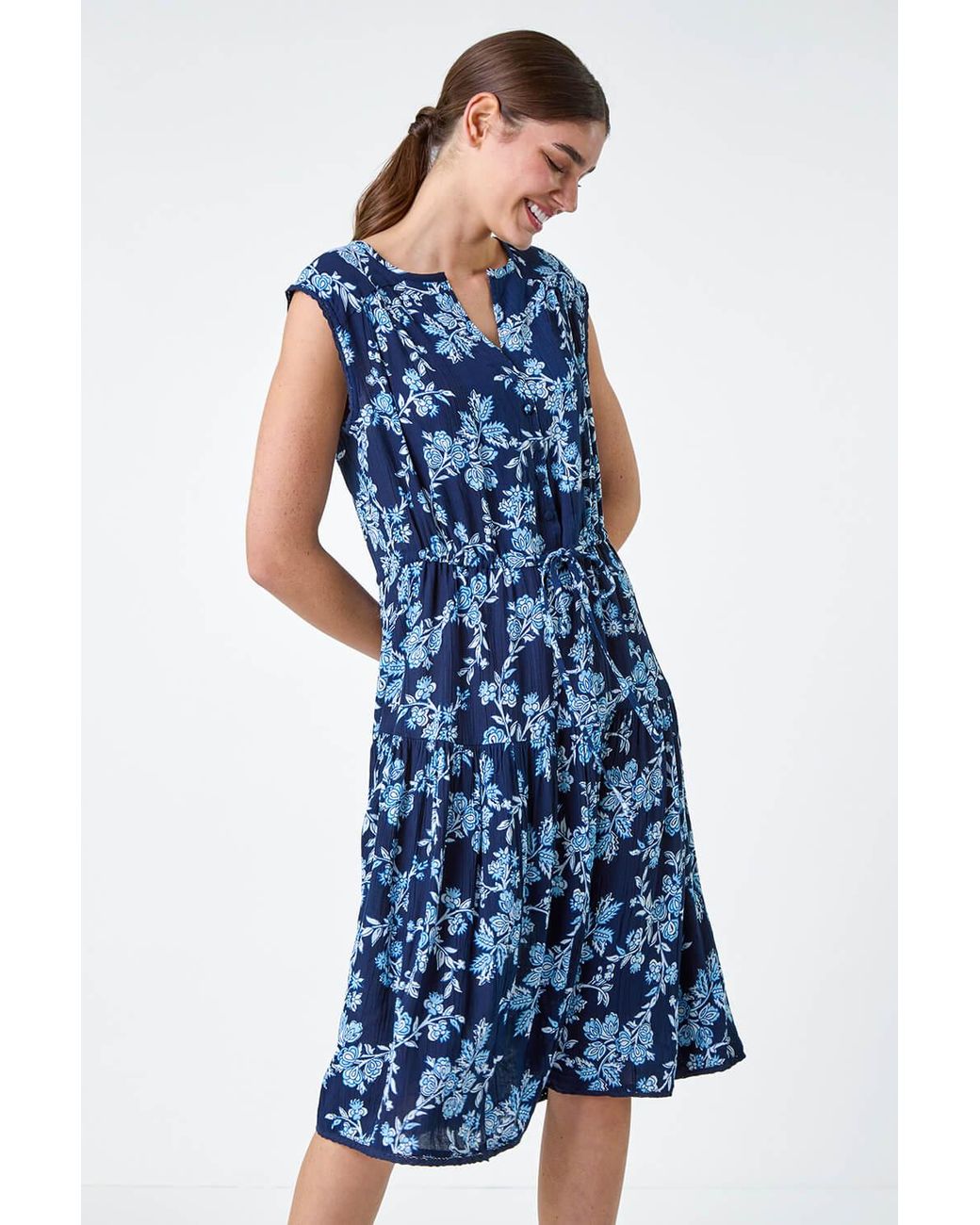 Roman Blue Floral Print Tiered Woven Dress