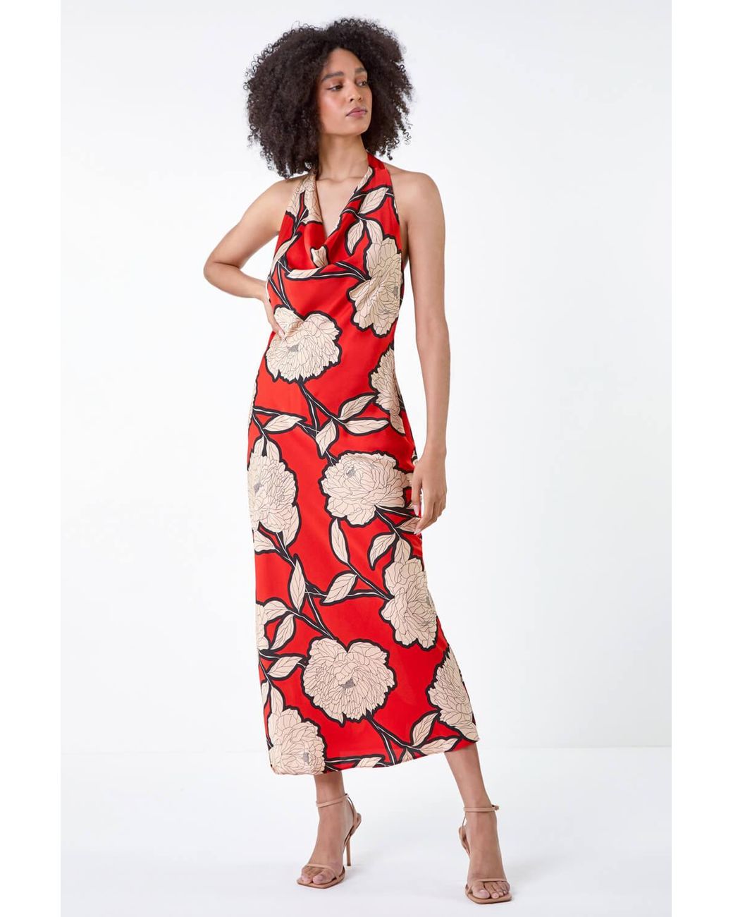 Roman Red Floral Print Satin Bias Cut Bodycon Dress