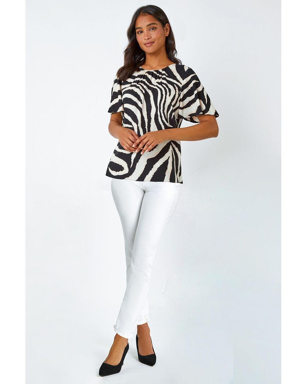 Roman Black Animal Print Pleat Detail Top