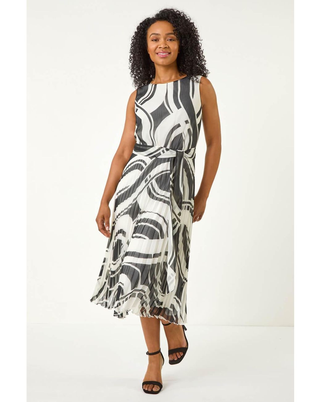 Roman Petite Black Print Tie Waist Pleated Dress