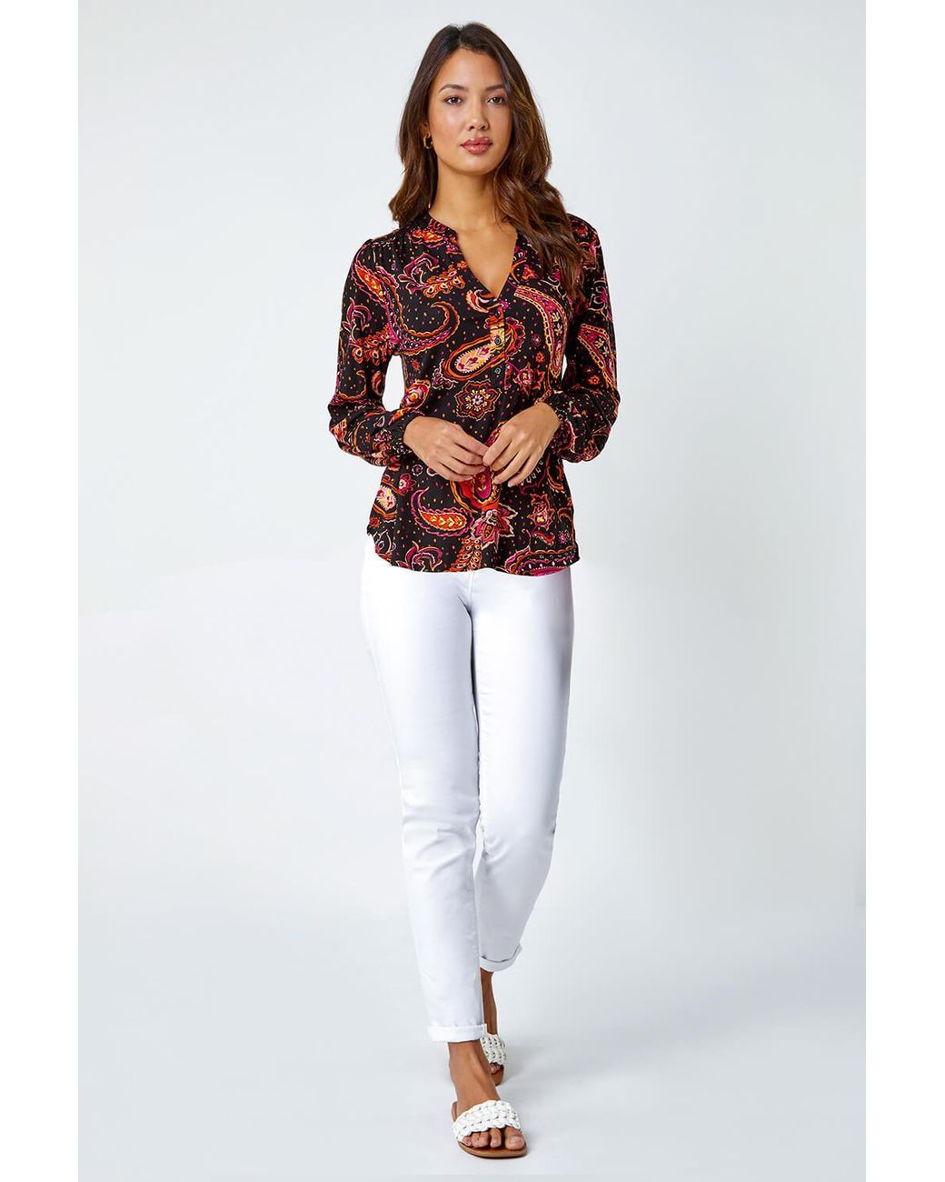 Roman Red Paisley Print V-Neck Stretch Top