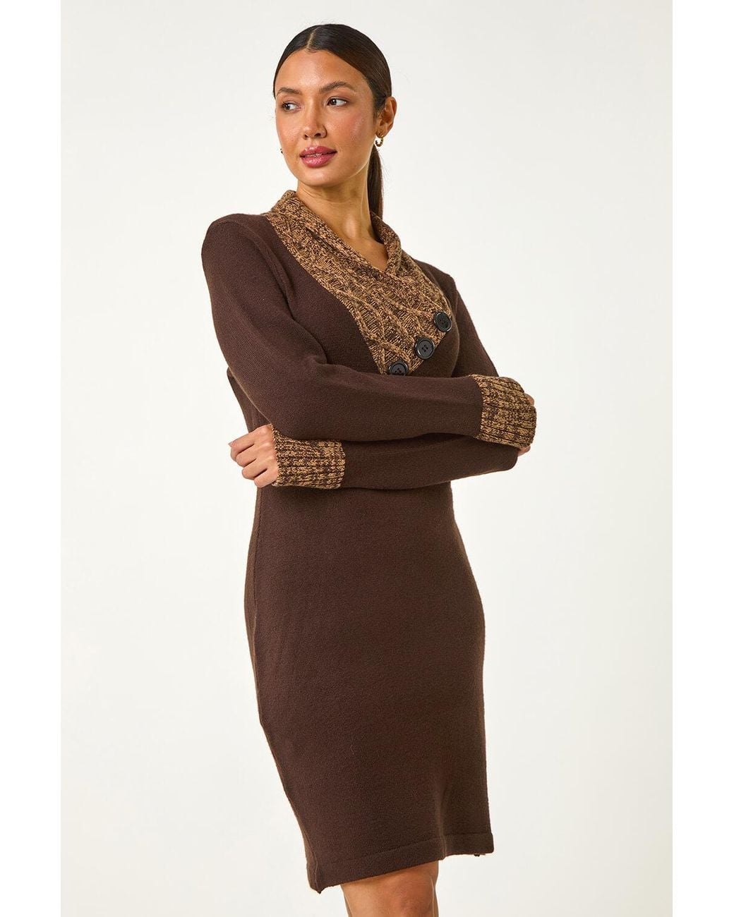 Roman Brown Overlap V-Neck Knit Dress