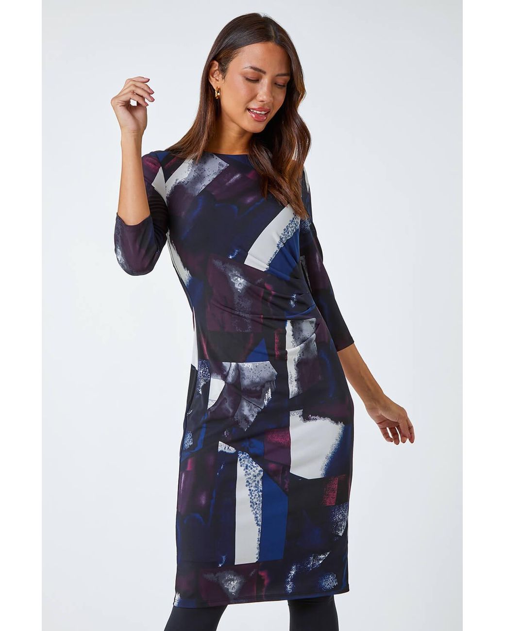 Roman Blue Abstract Ruched Pleat Detail Stretch Dress