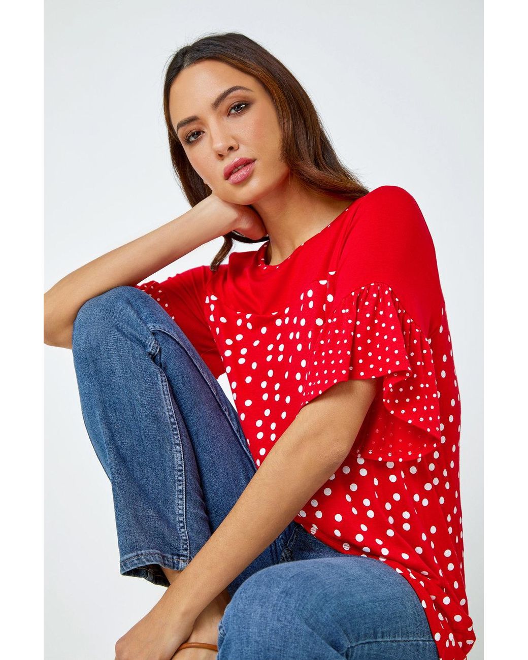 Roman Red Spot Print Frill Sleeve Top