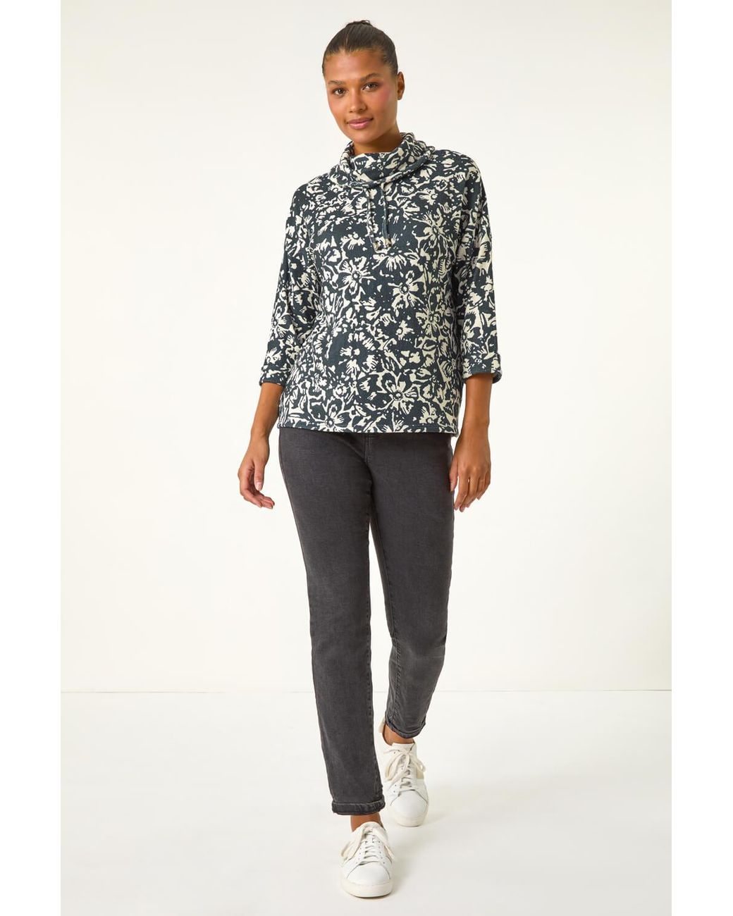 Roman Blue Floral Printed Roll Neck Top