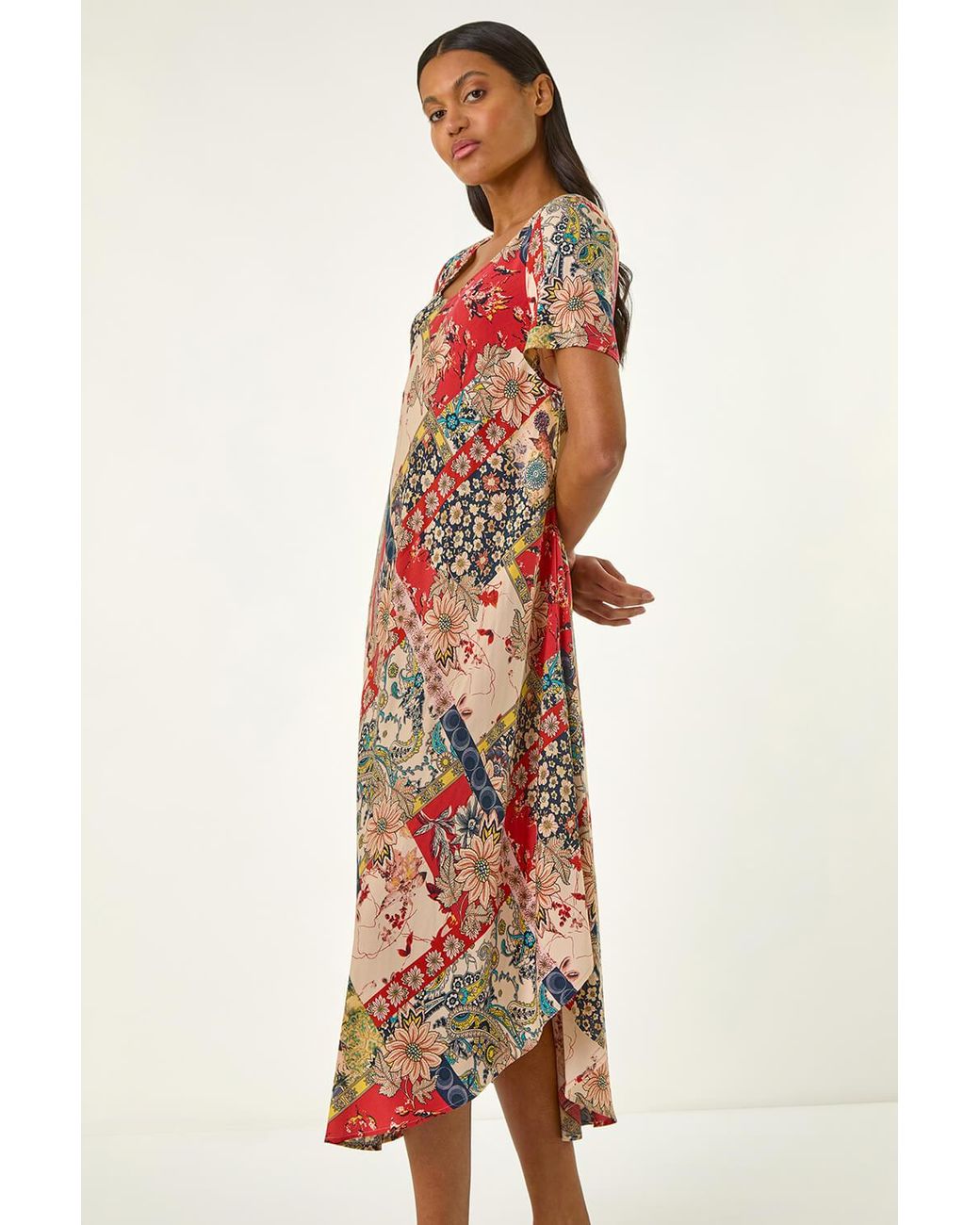 Roman White Patchwork Print Curved Hem Midi Dress