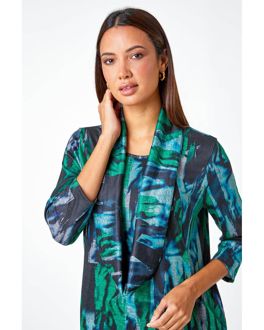 Roman Blue Marble Print Stretch Top With Snood