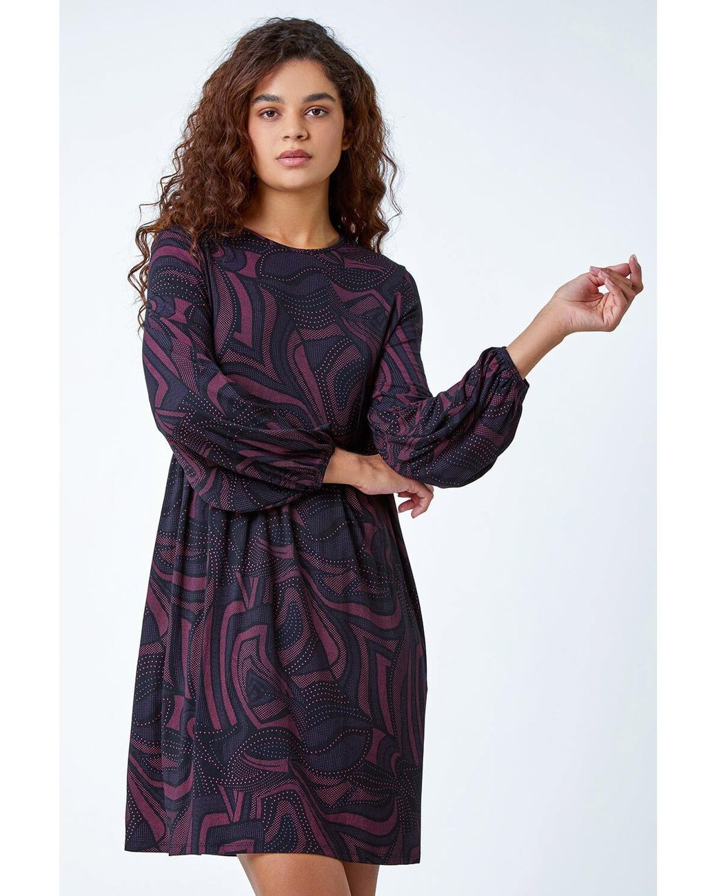 Roman Blue Swirl Print Pocket Stretch Smock Dress