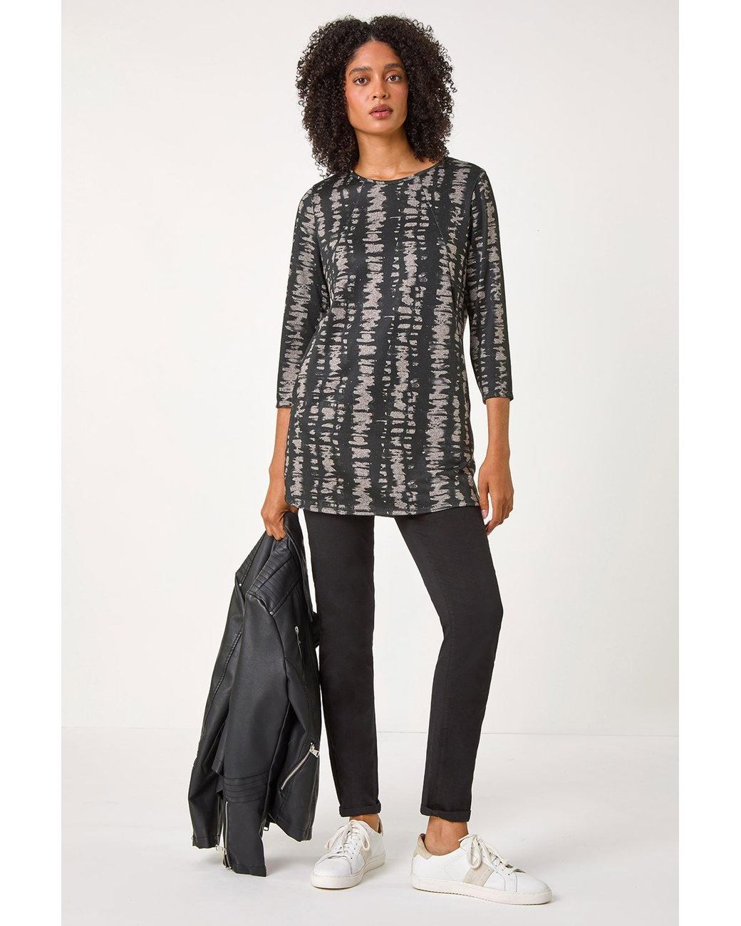 Roman Black Abstract Print Tunic Pocket Stretch Top