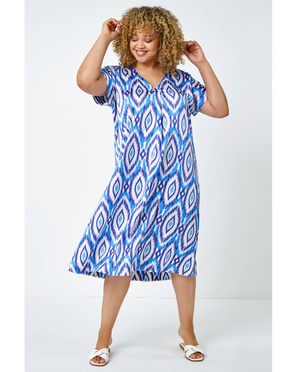 Roman Curve Blue Aztec Print Relaxed Midi Dress