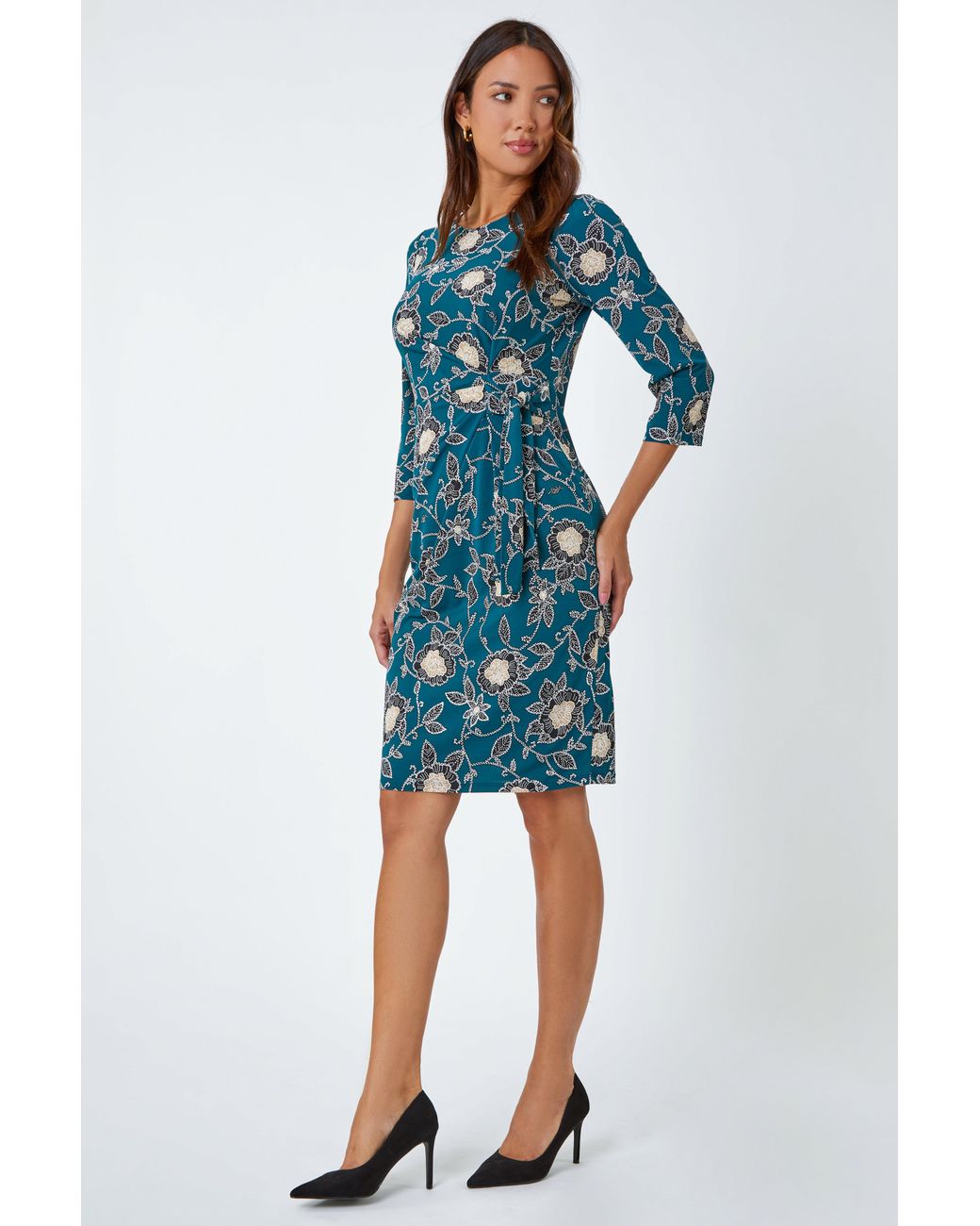Roman Blue Floral Print Ruched Stretch Dress