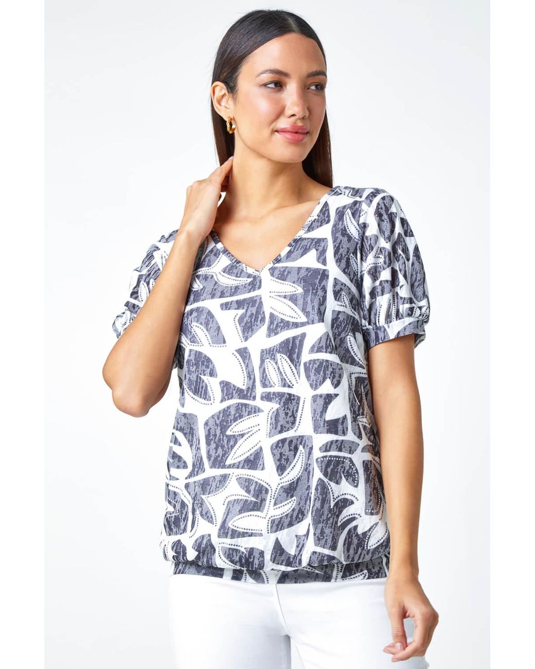 Roman White Abstract Burnout V-Neck Blouson Stretch Top